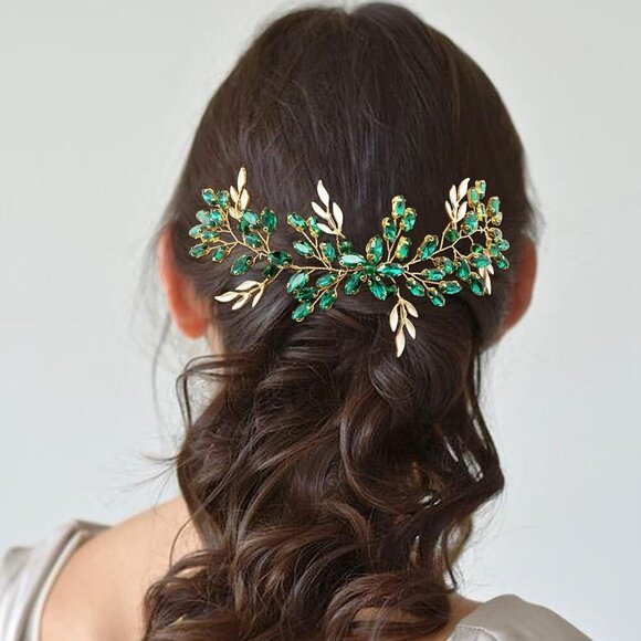 Green Bridal Hair Vine Crystal Headpiece Wedding Party Accessory main image 4